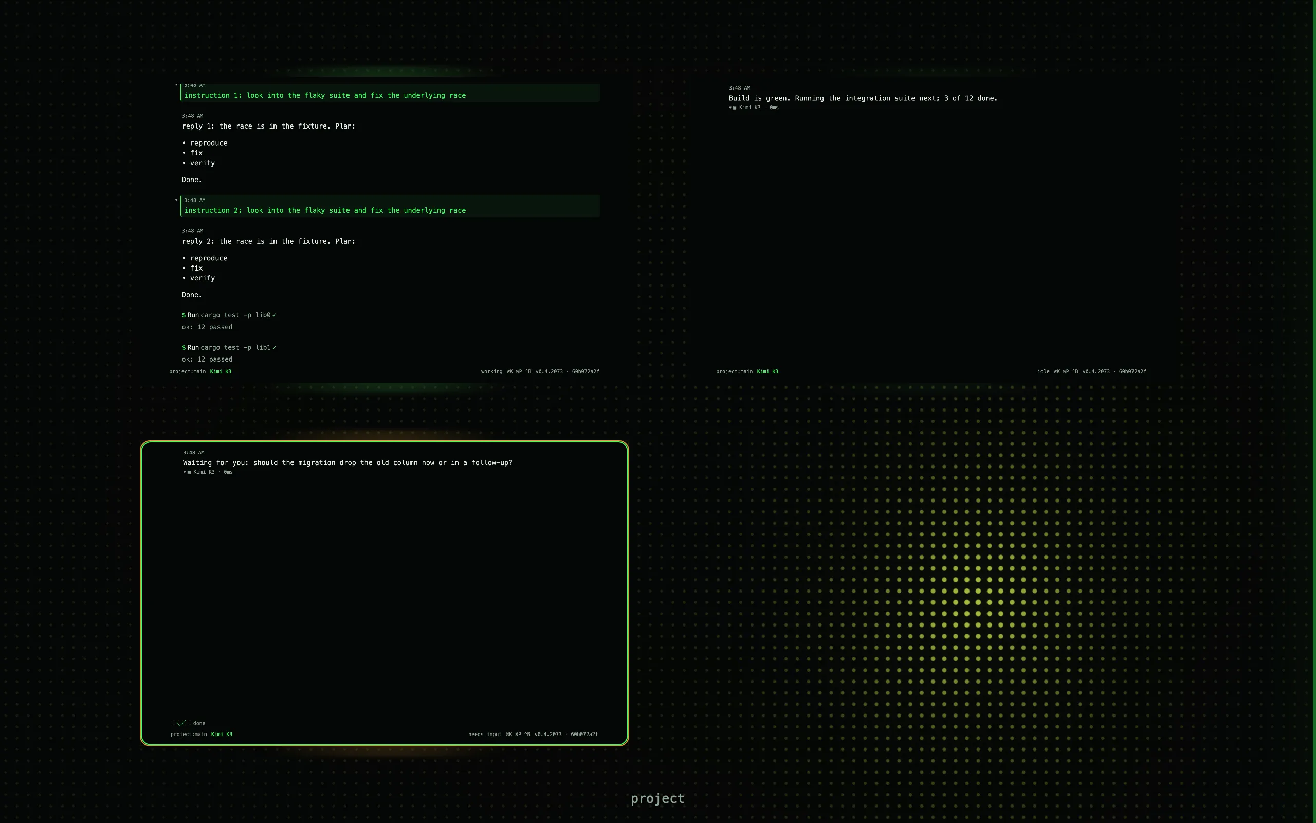 kcode's Mission Control: three session tiles on the dot-matrix shader, one working, one idle, one waiting for input