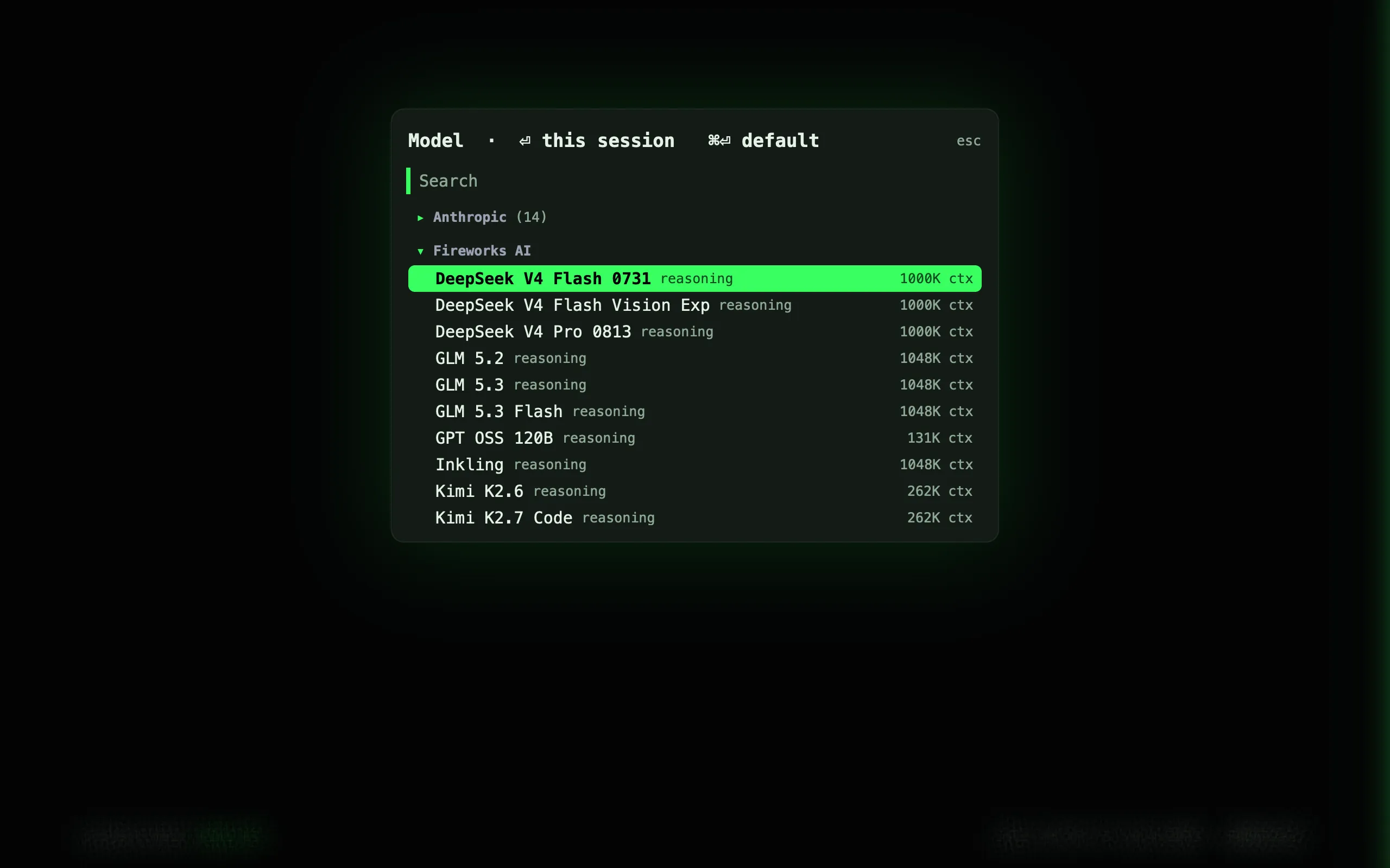 The /model command's autocomplete listing models from several providers