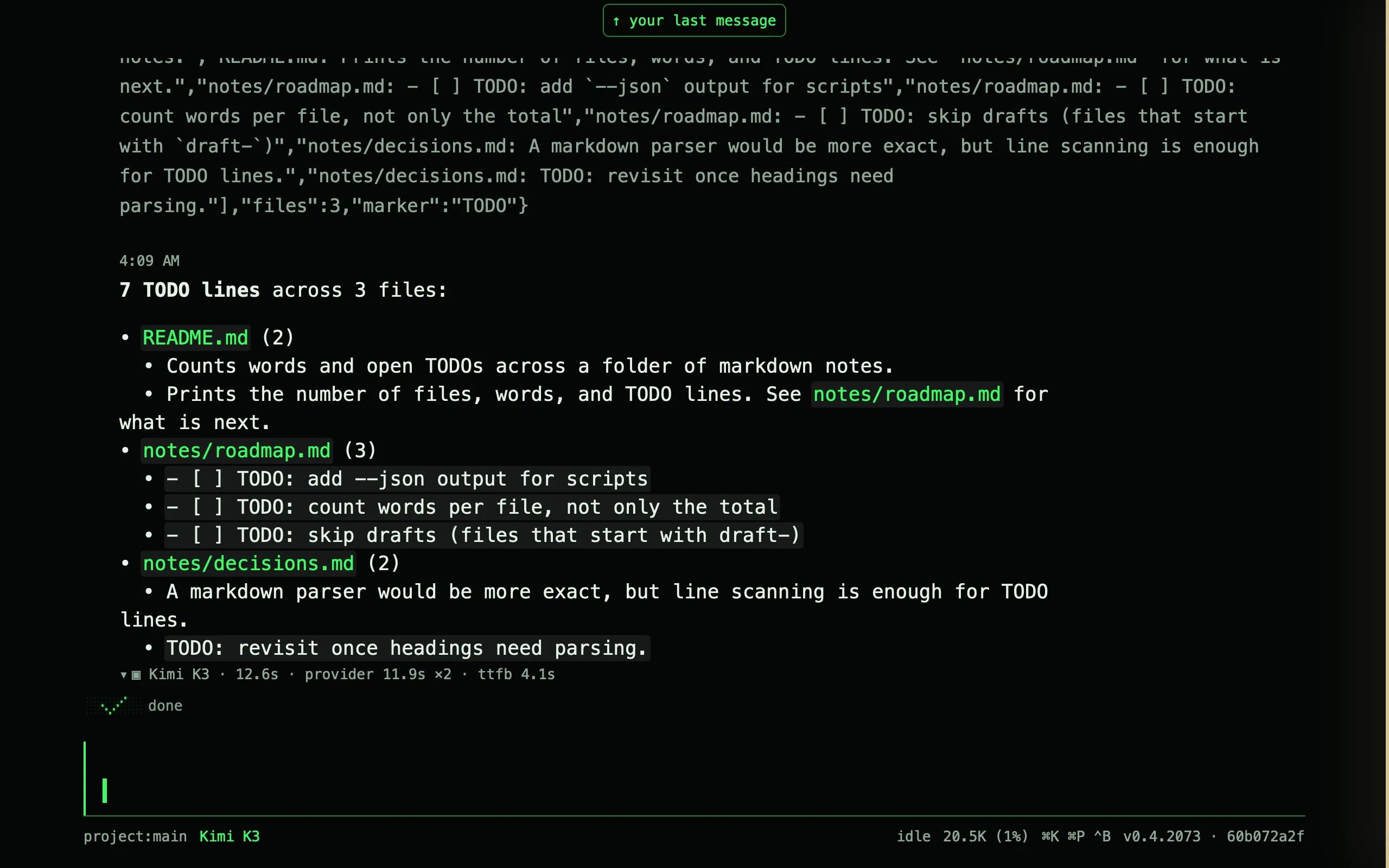 A session where the agent called todo_count, a tool from a Lua plugin, and reported the open TODOs