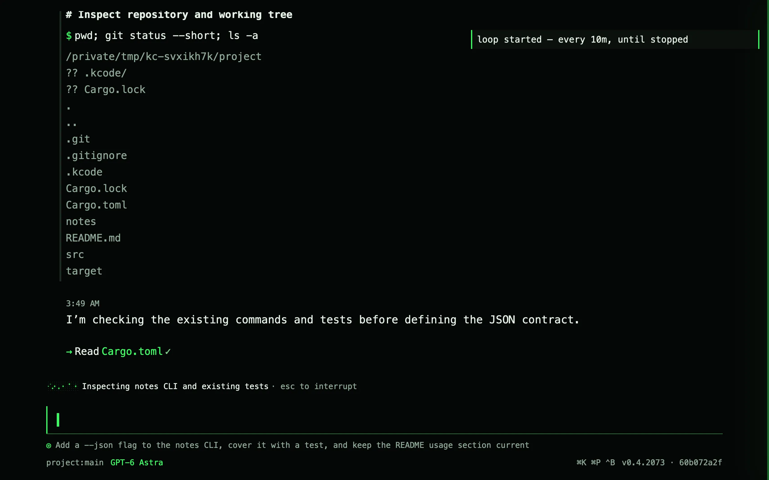 A kcode session with a goal set and a loop scheduled, the agent working through the first sub-task